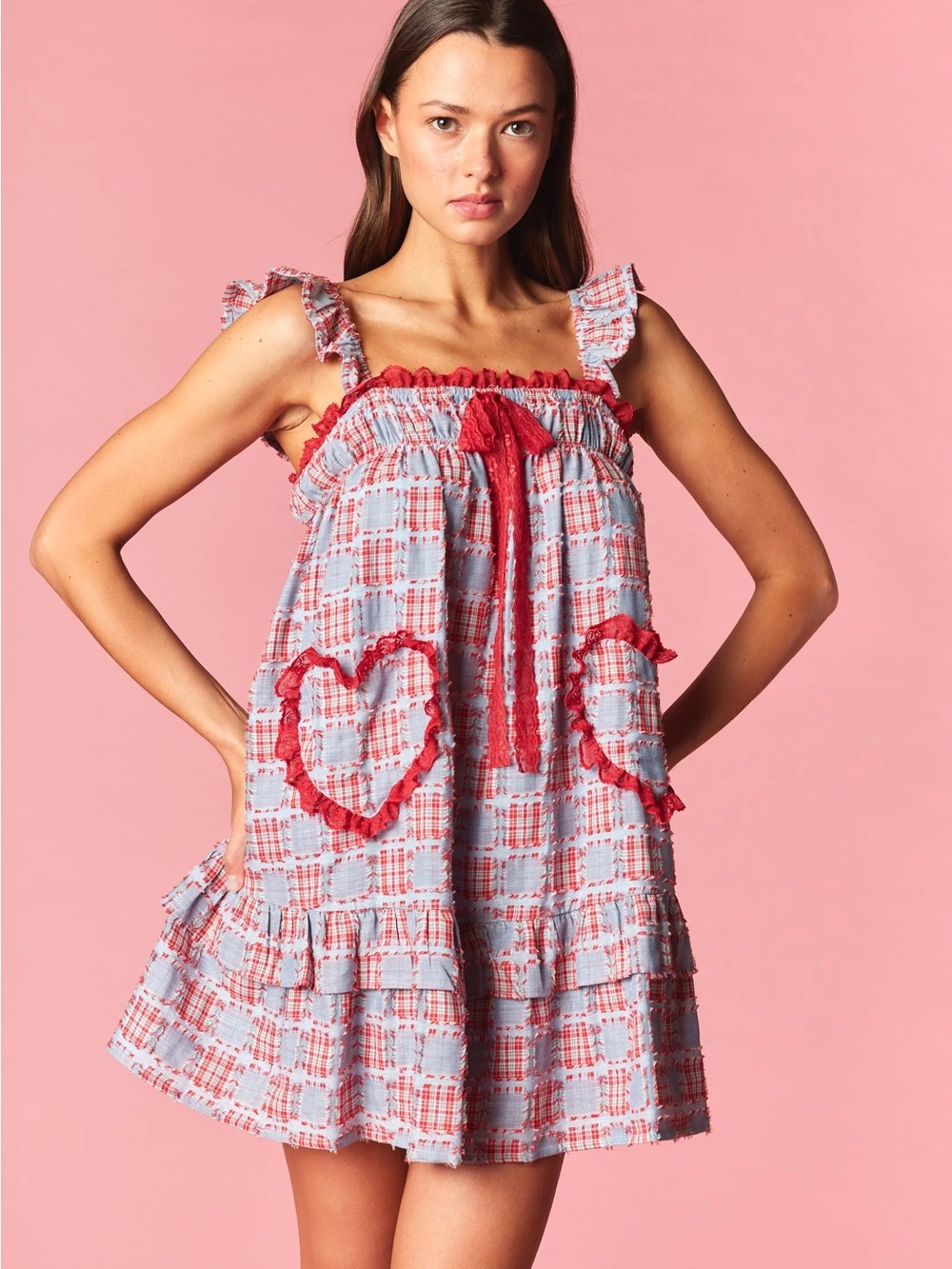 Blue & Red Check Ruffle Mini Dress with Heart Pockets